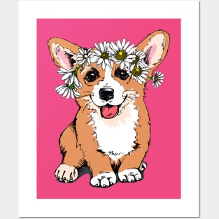 Cute Funny Corgi With Flowers on Head Artwork Posters and Art